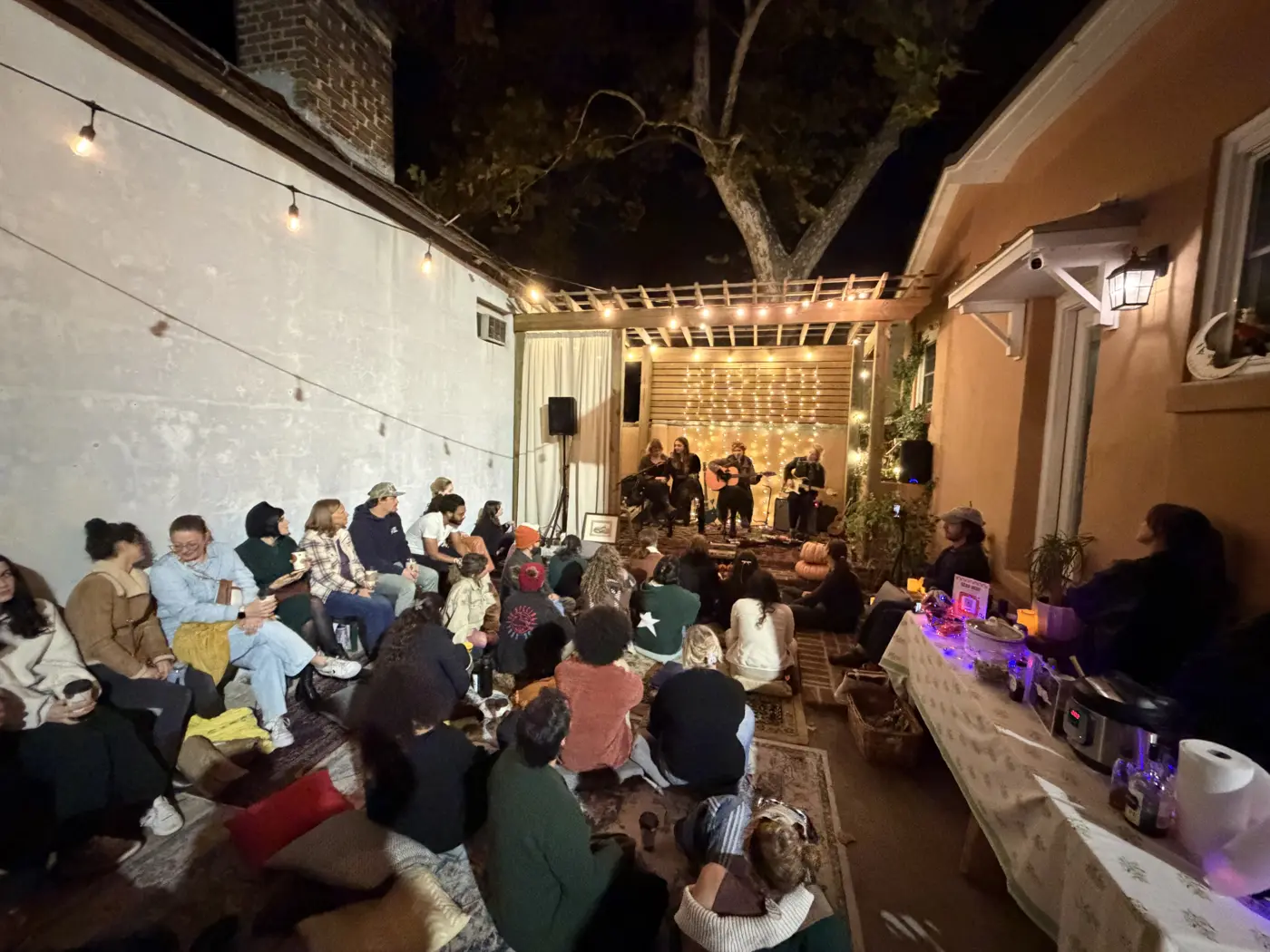 A packed backyard crowd under string lights at an Orange House show